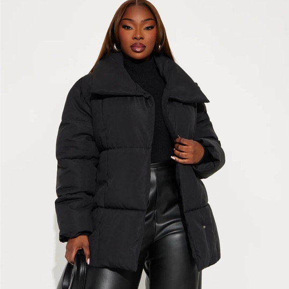 Fashion Nova Sleek Black Belted Puffer Jacket - Picture 2 of 5